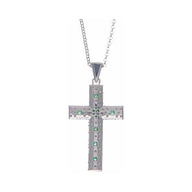 Collier Amen croix argent rhodié zircons verts