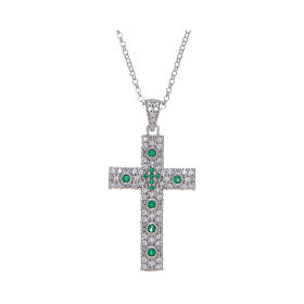 Amen necklace with silver cross finished in rhodium and green zircons