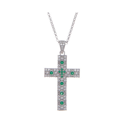 Amen necklace with silver cross finished in rhodium and green zircons 1
