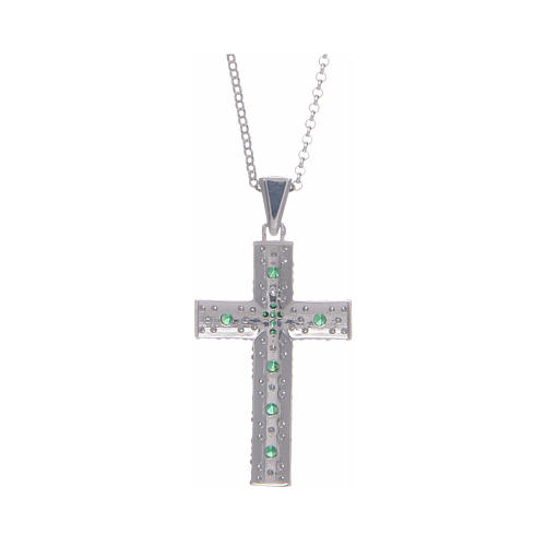 Amen necklace with silver cross finished in rhodium and green zircons 2