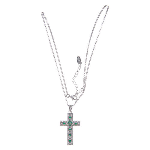 Amen necklace with silver cross finished in rhodium and green zircons 3