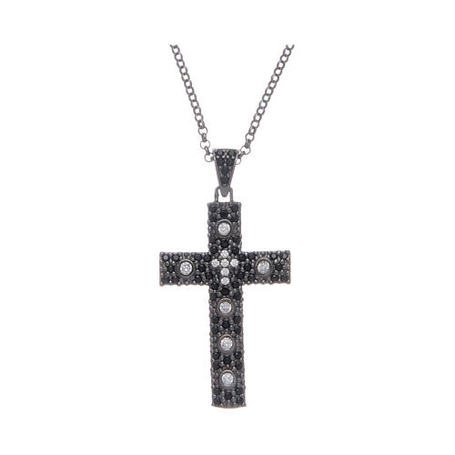 Collier Amen croix argent noir zircons blancs 1