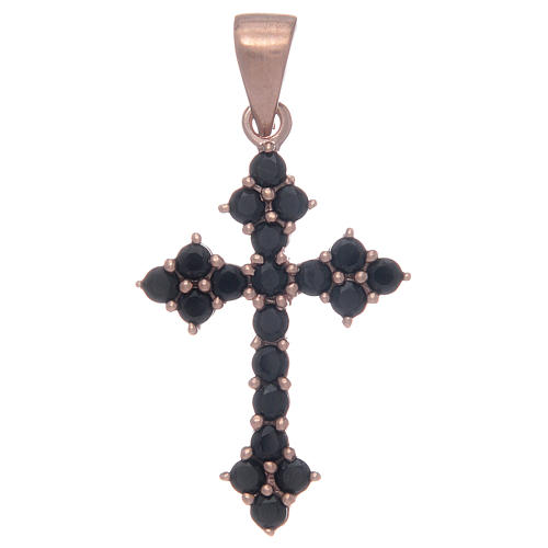 Dreilappiges Kreuz rosa Silber 925 mit schwarzen Zirkonen 1