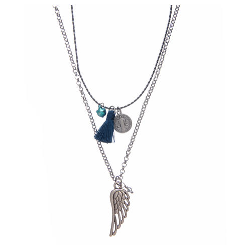 Necklace with chain, cord and blue tassel 1