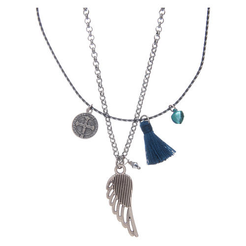 Necklace with chain, cord and blue tassel 2