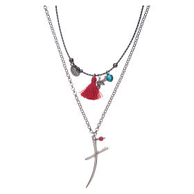Necklace with chain, stylized cross and red tassel