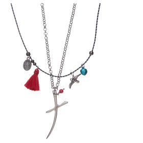 Necklace with chain, stylized cross and red tassel