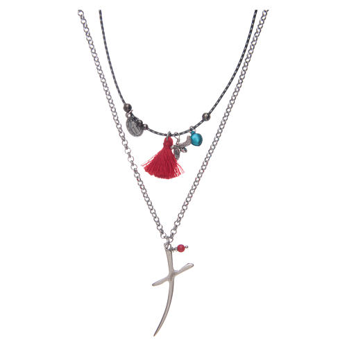 Collana catena con croce stilizzata e nappina rossa 1