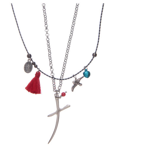 Collana catena con croce stilizzata e nappina rossa 2