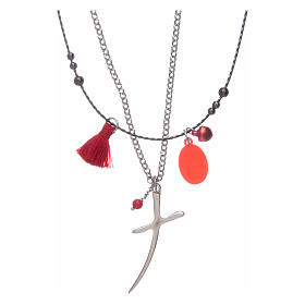 Necklace with cross, Our Lady of Miracles medal and red tassel