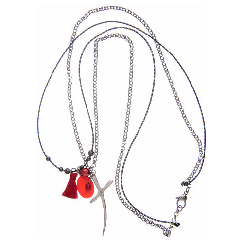 Necklace with cross, Our Lady of Miracles medal and red tassel 3