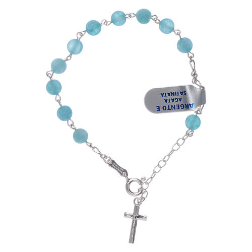 Bracelet perles agate satinée bleu clair détails et croix argent 925 2