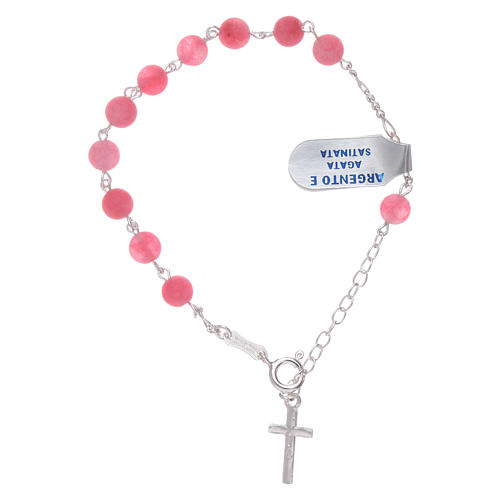 Bracelet perles 6 mm agate satinée fuchsia détails et croix argent 925 2