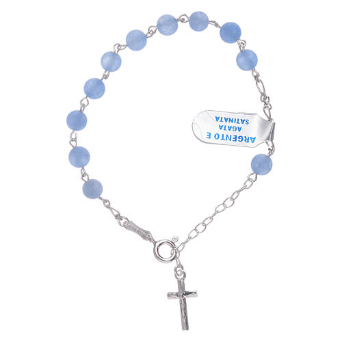 Bracelet perles 6 mm agate satinée bleu détails et croix argent 925 1