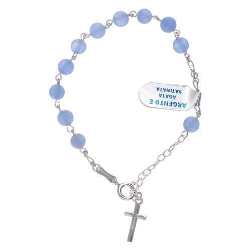 Bracelet perles 6 mm agate satinée bleu détails et croix argent 925 2