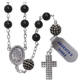 Rosary in 925 sterling silver decorated with zircons with 6 mm onyx beads, a medal and a pater