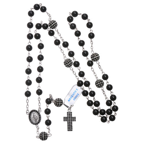 Rosary in 925 sterling silver decorated with zircons with 6 mm onyx beads, a medal and a pater 4