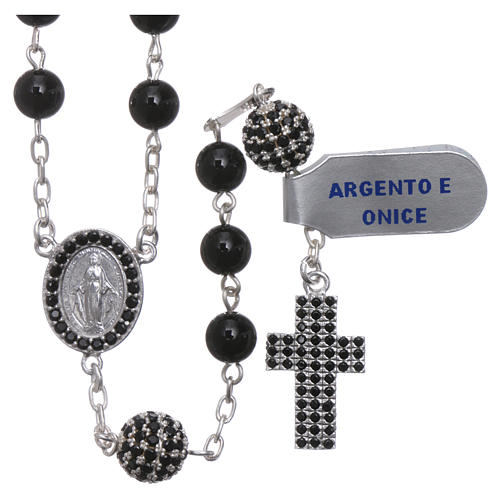 Rosary in 925 sterling silver decorated with zircons with 6 mm onyx beads, a medal and a pater 1