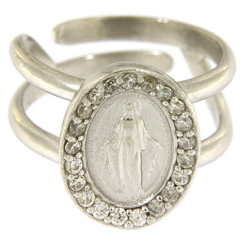 Miraculous Medal ring in sterling silver with transparent zircons 2