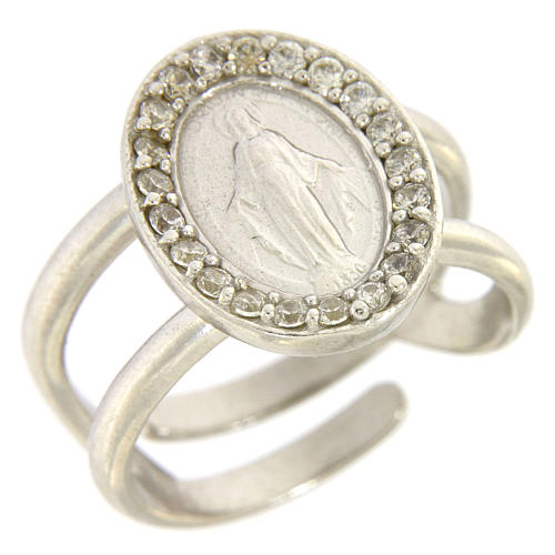 Miraculous Medal ring in sterling silver with transparent zircons 1
