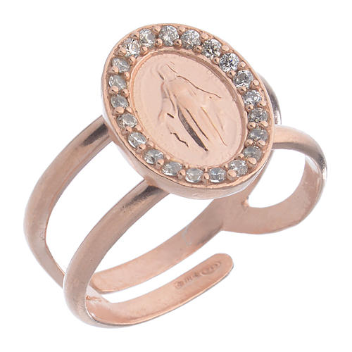 Miraculous Medal ring in pink 925 silver with transparent zircons 1