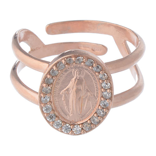 Miraculous Medal ring in pink 925 silver with transparent zircons 2