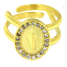 Anello argento 925 Madonna Miracolosa con zirconi bianchi bagnato oro