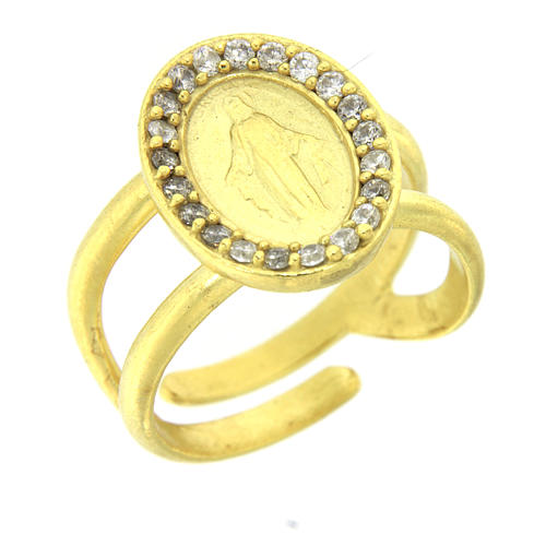 Anello argento 925 Madonna Miracolosa con zirconi bianchi bagnato oro 1