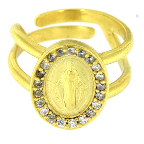 Anello argento 925 Madonna Miracolosa con zirconi bianchi bagnato oro 2