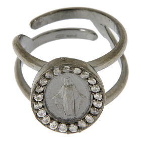 Miraculous Medal ring in black 925 silver with transparent zircons