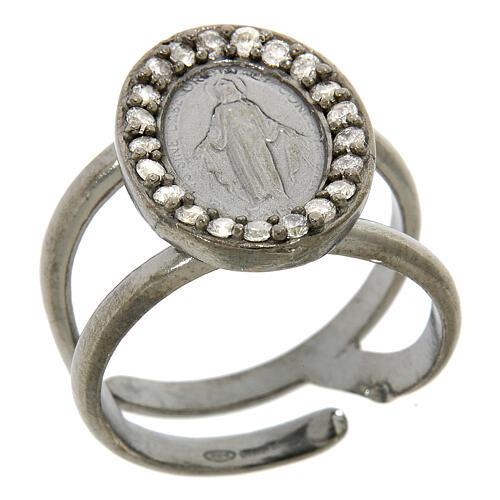Miraculous Medal ring in black 925 silver with transparent zircons 1