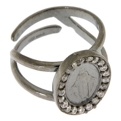 Miraculous Medal ring in black 925 silver with transparent zircons 3