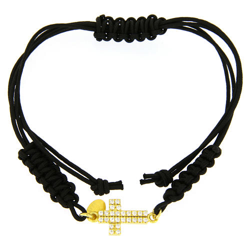 Bracelet corde noire croix argent 925 doré et zircons blancs 1