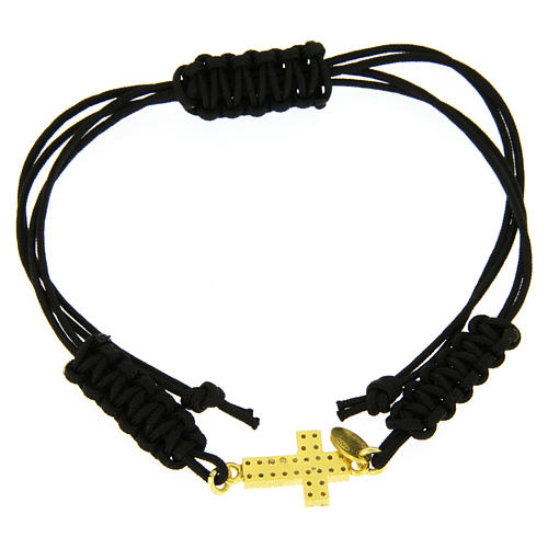 Bracelet corde noire croix argent 925 doré et zircons blancs 2