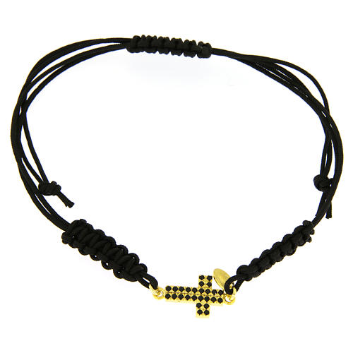 Pulsera cuerda ajustable negra cruz plata 925 color dorada y zircones negros 1