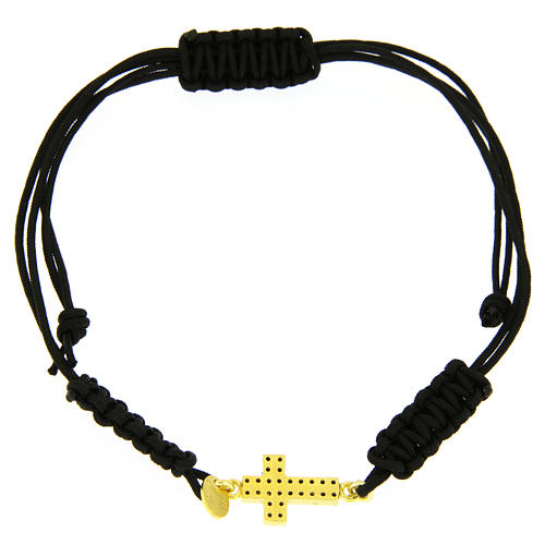 Pulsera cuerda ajustable negra cruz plata 925 color dorada y zircones negros 2