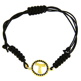 Bracciale argento 925 medaglietta croce Tau color oro e zirconi neri cordino regolabile nero