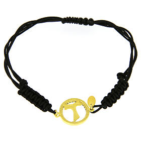 Bracciale argento 925 medaglietta croce Tau color oro e zirconi neri cordino regolabile nero