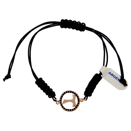 Bracciale argento 925 color rosé medaglietta croce Tau traforata con zircone neri e cordino nero 1