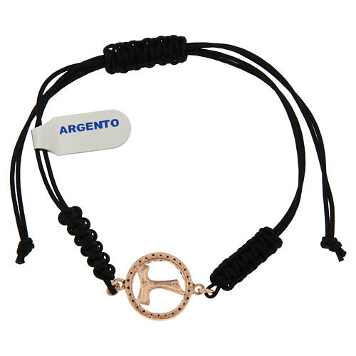 Bracciale argento 925 color rosé medaglietta croce Tau traforata con zircone neri e cordino nero 2