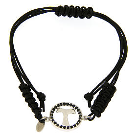 Pulseiras de Prata e Ouro: Pulseira medalha tau rendilhada prata 925 com zircões pretos fio preto