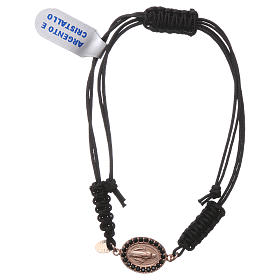 Bracelet médaille Vierge Miraculeuse argent 925 rosé avec zircons noirs sur corde noire