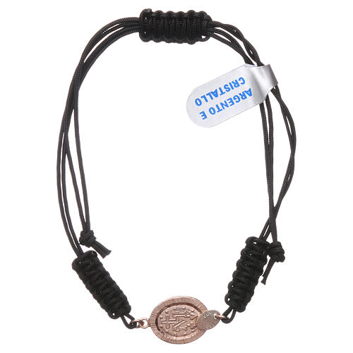 Bracelet médaille Vierge Miraculeuse argent 925 rosé avec zircons noirs sur corde noire 2