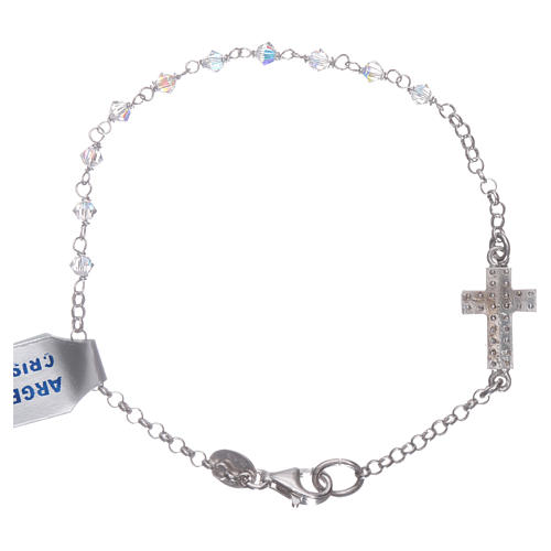 Bracelet in 925 sterling silver with white zircons, crystal grains sized 2 mm and cross 2