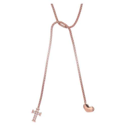 AMEN necklace in 925 sterling silver finished in rosè with hug, hearts and cross decorated with white zircons 1