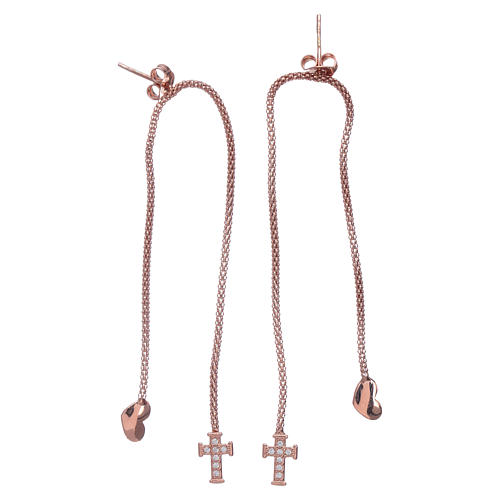AMEN earrings hug shaped with heart and cross in 925 sterling silver finished in rosè 2