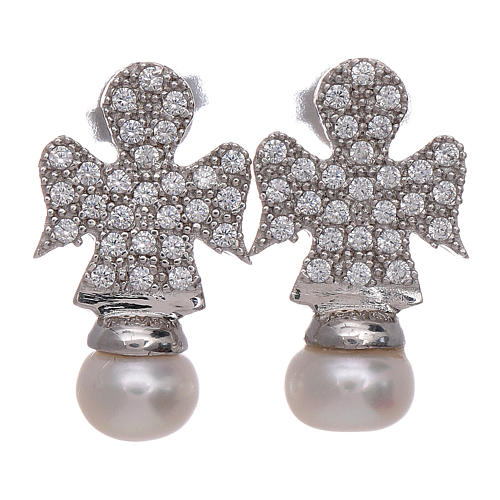 AMEN earrings in 925 sterling silver finished in rhodium with angel, zircons and pearls 1