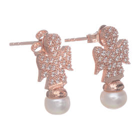 Amen earrings with angel in 925 sterling silver finished in rosè, zircons and pearls