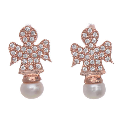 Amen earrings with angel in 925 sterling silver finished in rosè, zircons and pearls 1