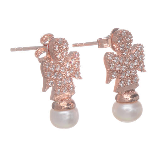Amen earrings with angel in 925 sterling silver finished in rosè, zircons and pearls 2